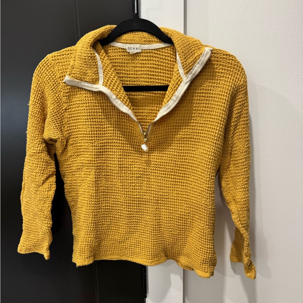 DONNI. Mustard Waffle Knit Half-Zip Pullover